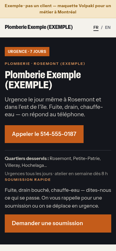 Maquette : page mobile Plomberie Exemple avec bouton Appeler